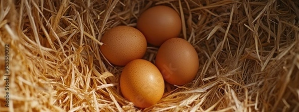 Fototapeta Raw Brown Chicken Eggs on Straw
