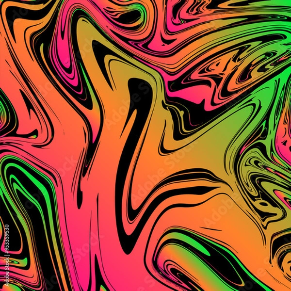 Fototapeta Vibrant Liquid Marbling psychedelic effect neon gradient green pink orange color, isolated on black background. Stylish abstract suminagashi style texture.