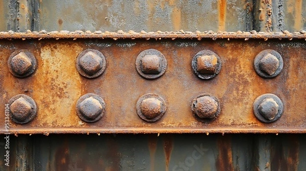 Fototapeta Rusty Metal Plate with Circular Fasteners