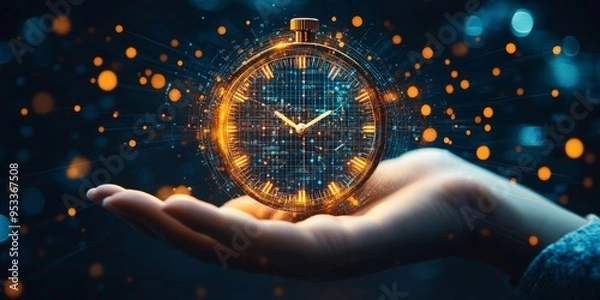 Fototapeta Clock on hand time data digital clock management planning business and time concept, Generative AI
