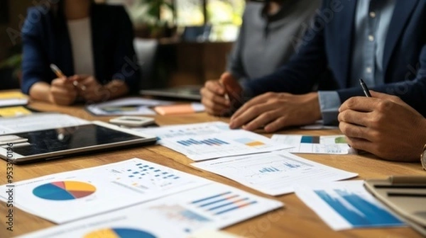 Fototapeta Business meeting showcasing vibrant charts and graphs spread across a polished table, team members engaged in discussion, strategic planning in a modern office space.