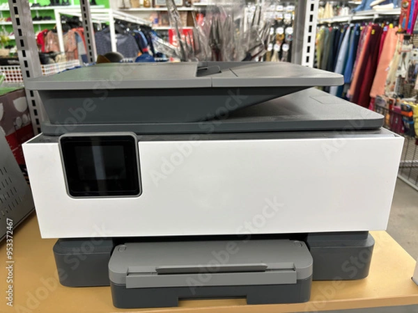 Fototapeta Office printer with digital screen and creative colour background