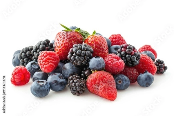 Fototapeta A selection of fresh berries and raspberries arranged on a clean white surface