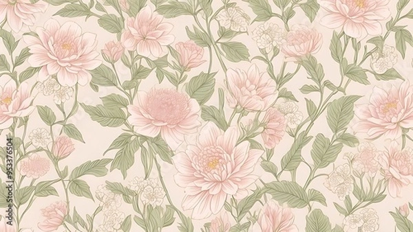 Fototapeta Delicate seamless pink wallpaper featuring a repeating pattern of intricately illustrated flowers
