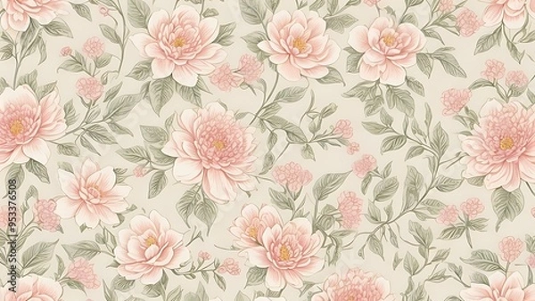 Fototapeta Delicate seamless pink wallpaper featuring a repeating pattern of intricately illustrated flowers