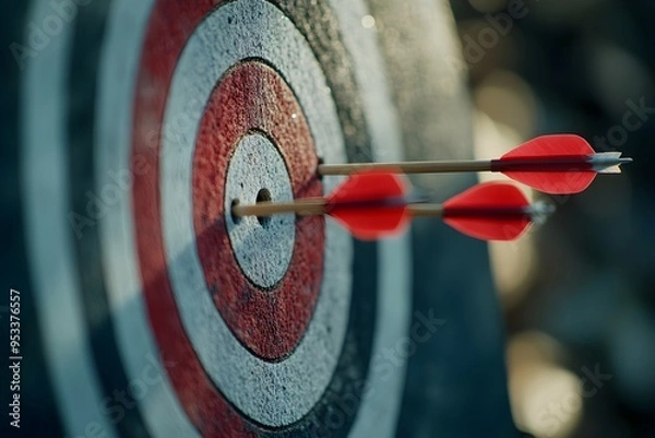 Fototapeta Two arrows are shot at a target, one of which is missing