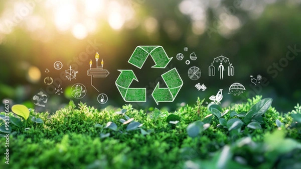 Fototapeta Environment and sustainable development concept with eco icons, promoting green technology, net zero, and carbon neutrality.