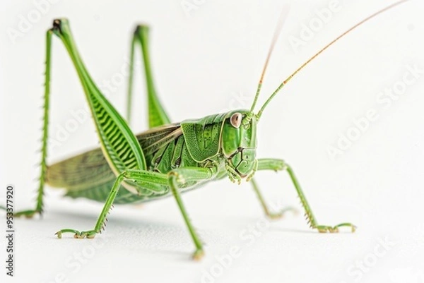 Fototapeta A close-up shot of a grasshopper sitting on a white surface, ideal for use in educational materials, insect-themed designs, or as a decorative element
