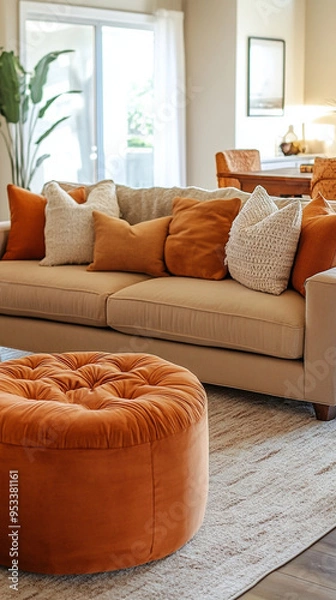 Fototapeta A modern interior. This is a minimalist interior photo of part of a living room with a sofa and cushions that match the interior. Generative AI