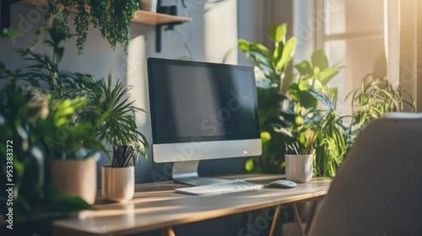 Fototapeta Modern workspace with a computer, plants, and natural light.