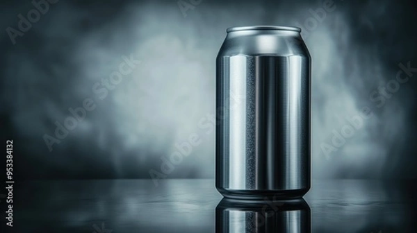 Fototapeta Single aluminum can on a reflective surface against a blurred dark background.