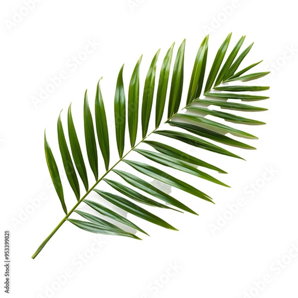 Fototapeta A lush green palm leaf rests on a clean PNG surface, highlighting its intricate leaflets and natural beauty, Close up of palm leafon transparent background Areca palm.
