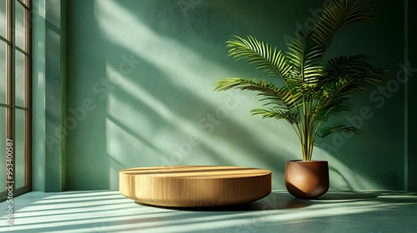 Fototapeta Wooden podium with palm tree on green wall background.