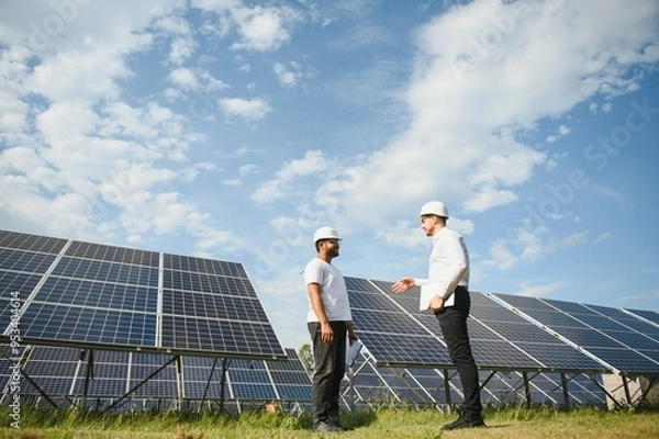 Fototapeta The solar farm, solar panel with two engineers walk to check the operation of the system, Alternative energy to conserve the world's energy