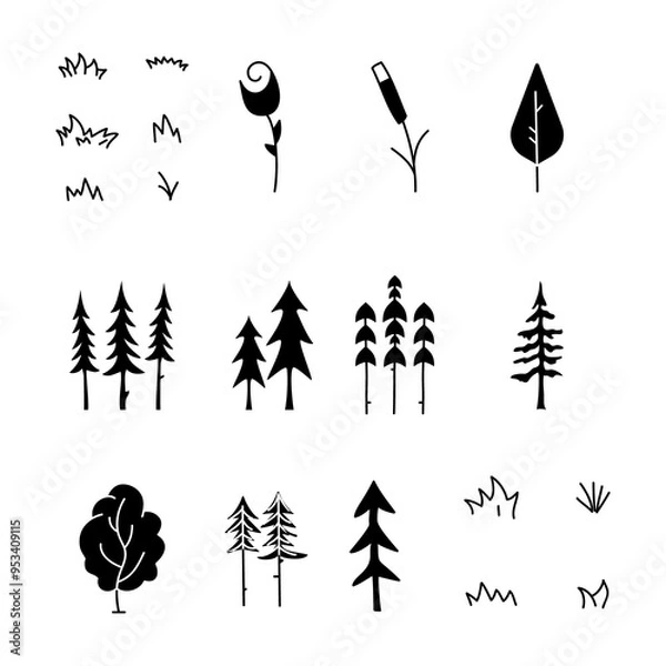 Fototapeta Simple silhouette tree icons collection. Line art trees. Stock linear nature symbols set