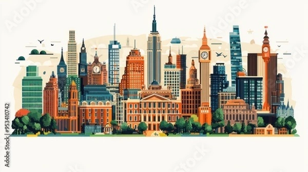Fototapeta Exploring the Charms of a Vibrant City - Retro-Inspired Flat Icons of Landmarks and Attractions