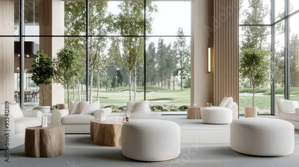 Fototapeta Luxurious Golf Clubhouse with Panoramic Windows Overlooking Course in Ultrahigh Detail 8K Resolution, Generative Ai