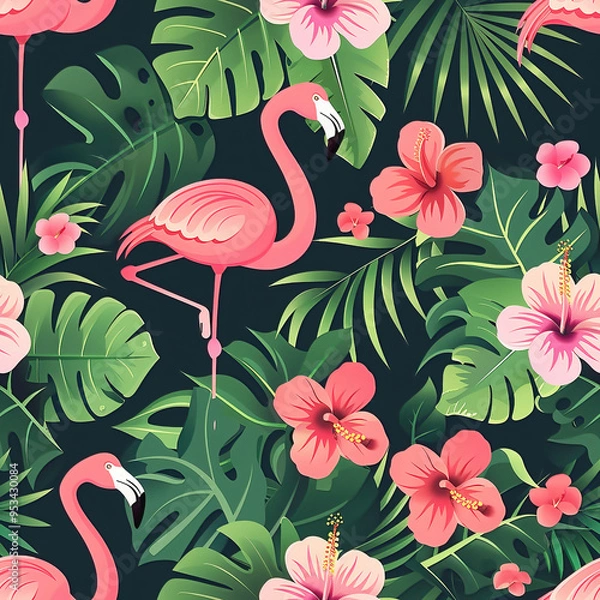 Fototapeta Seamless cartoon pattern of flamingoes in bright pink against a background of tropical leaves.