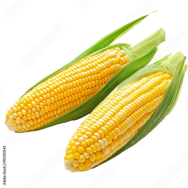 Fototapeta Two ears of corn on the cob reveal bright yellow kernels, highlighting their freshness against a clean PNG backdrop, corn on the cob on transparent background