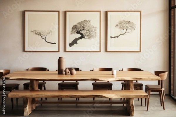 Fototapeta Rustic live edge dining table with wooden log chairs under artistic tree prints in a cozy dining area