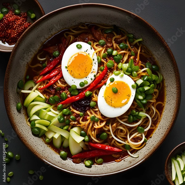 Obraz  a bowl of spicy ramen noodles topped with sliced green onions, a soft-boiled egg,