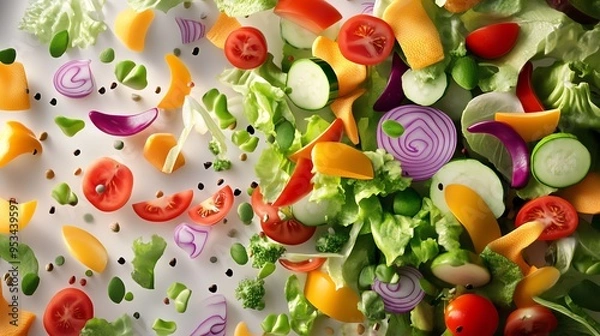 Fototapeta A vibrant assortment of fresh vegetables including tomatoes, lettuce, cucumbers, and onions, elegantly scattered across a white surface.