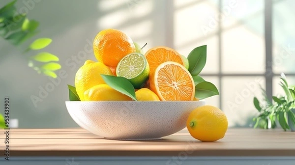 Obraz Fresh citrus fruits in a bowl on a sunny kitchen counter, showcasing vibrant lemons, oranges, and limes.
