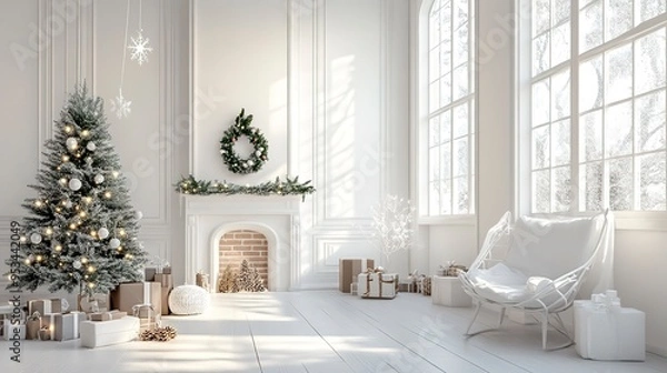 Fototapeta Stylish Christmas scandinavian minimalistic interior with white decor.