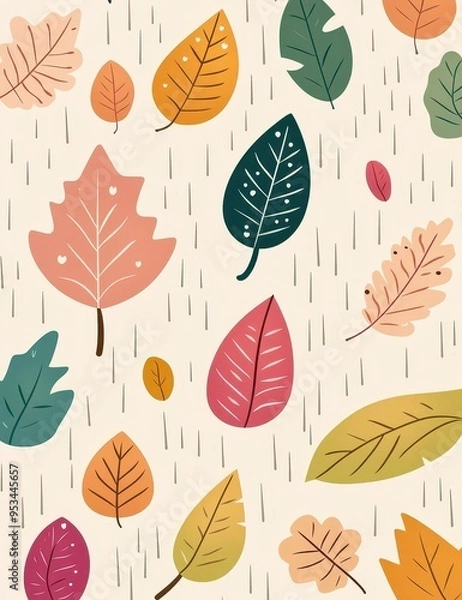Fototapeta Colorful leaves pattern on a light background, perfect for autumn-themed designs and nature-inspired projects.