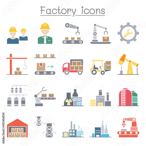 Fototapeta Factory and Industrial icons set in flat color stlye