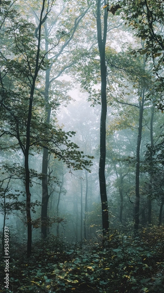 Fototapeta A symphony of green, shrouded in mist, a tranquil morning in the heart of the forest.