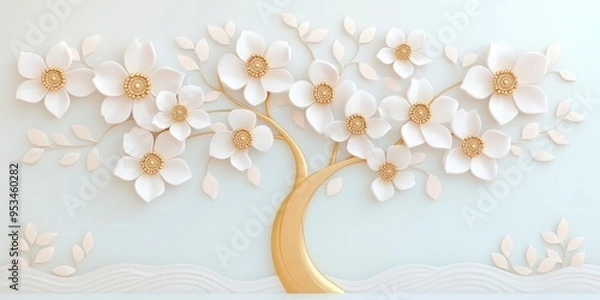 Fototapeta 3D background of a flowering tree with golden stems and white blossoms