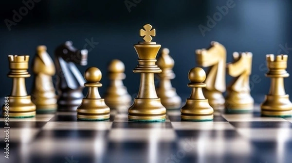 Fototapeta A chessboard with SEO and business strategy pieces, symbolizing the strategic nature of SEO in competitive business