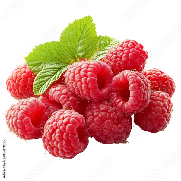 Fototapeta A cluster of vibrant raspberries with green leaves stands out against a clear transparent background, emphasizing freshness, group of raspberries isolated on PNG