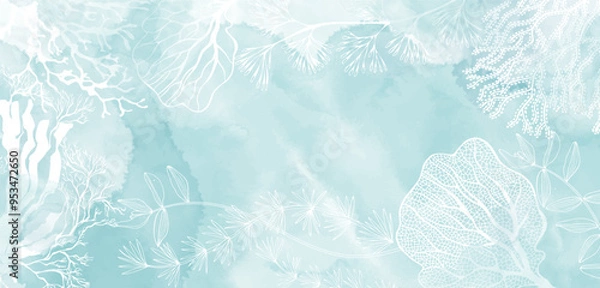 Obraz Luxury invitation card background on a marine theme with seaweed on a blue watercolor background. Abstract art background, cover template. Vector design with space for text.