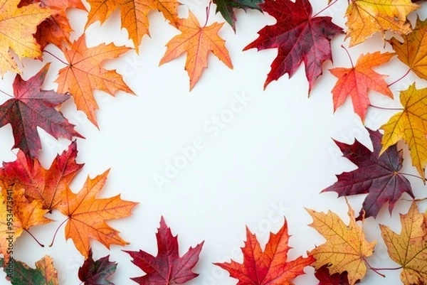 Obraz Autumn Maple Leaves Flat Lay White Background created with Generative AI
