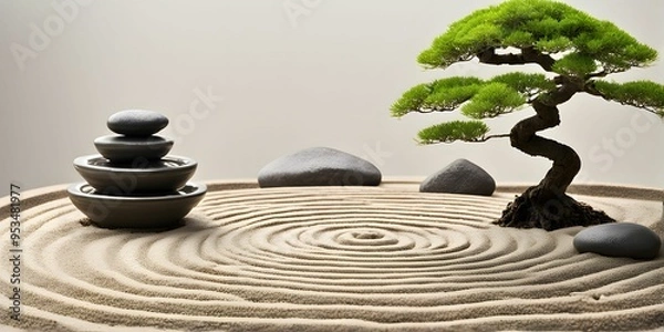 Fototapeta Sands of Time: A Zen Tree's Steadfast Presence in the Gentle Flow of a Zen Garden