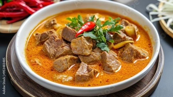 Fototapeta Gulai daging kambing is a popular Indonesian dish of beef curry from Padang, West Sumatra. goat curry spicy stew closeup culinary food photo