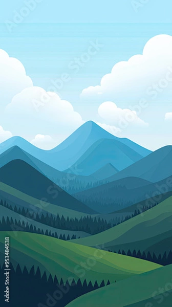 Fototapeta Serene Mountainscape: Rolling Hills Meet  Azure Skies, a Tranquil  Scene of Nature's Beauty