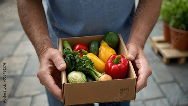 Fototapeta A close-up of hands receiving a box of fresh vegetables at the doorstep, emphasizing the colorful produce and the convenience of home delivery, with a softly blurred background and a casual, everyday 