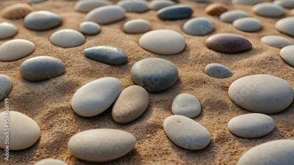 Fototapeta Smooth pebbles in various sizes arranged in a Zen-like pattern on sandy ground, with soft earth tones. The balanced arrangement evokes calm, serenity, and a meditative, mindful atmosphere.