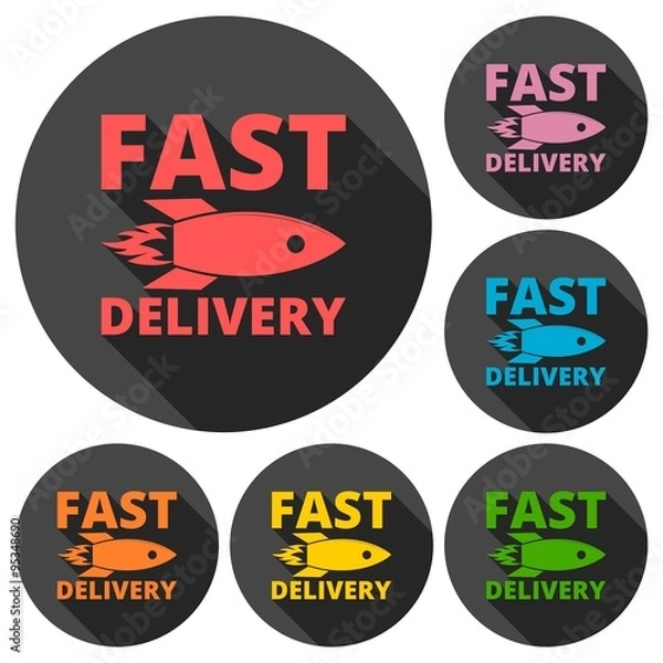 Fototapeta Fast delivery concept with rocket icons set with long shadow