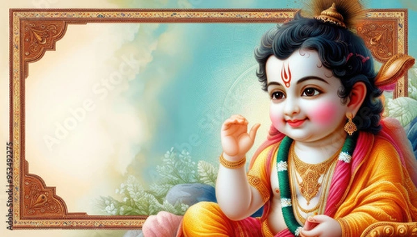 Obraz Divine baby krishna portrait with ornate frame for religious celebration design