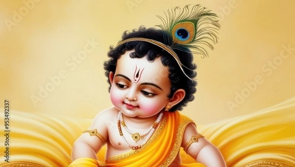 Obraz Adorable baby krishna in yellow attire with peacock feather against golden background
