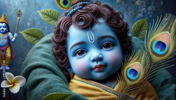Obraz Divine representation of baby krishna with peacock feathers and hindu mythology theme