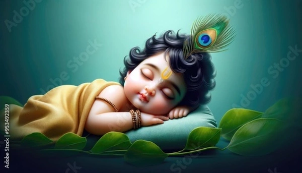 Obraz Peaceful baby krishna sleeping in serene green setting with peacock feather