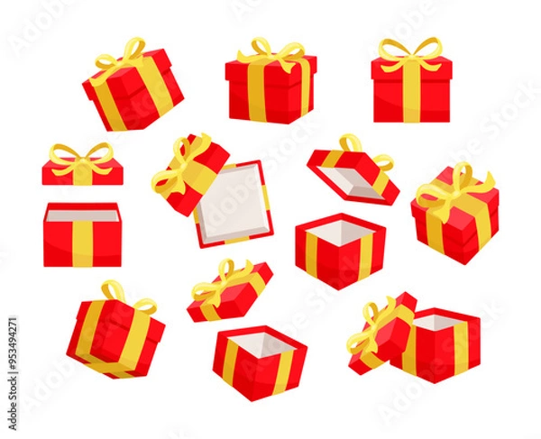 Obraz Red gift boxes with yellow ribbons are opening and closing against a white background