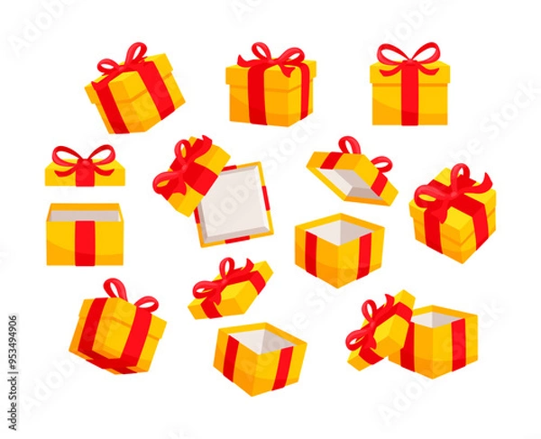 Obraz Set of yellow gift boxes decorated with red ribbons, some of them closed, some of them open, isolated on white background