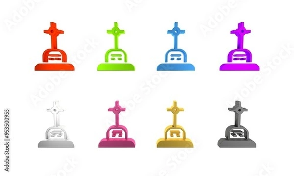 Fototapeta Colorful Grave with cross icon isolated on white background. Minimalism concept. 3D render illustration