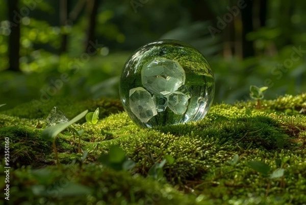 Fototapeta Clear glass ball sits atop a lush green plant, surrounded by lush green leaves